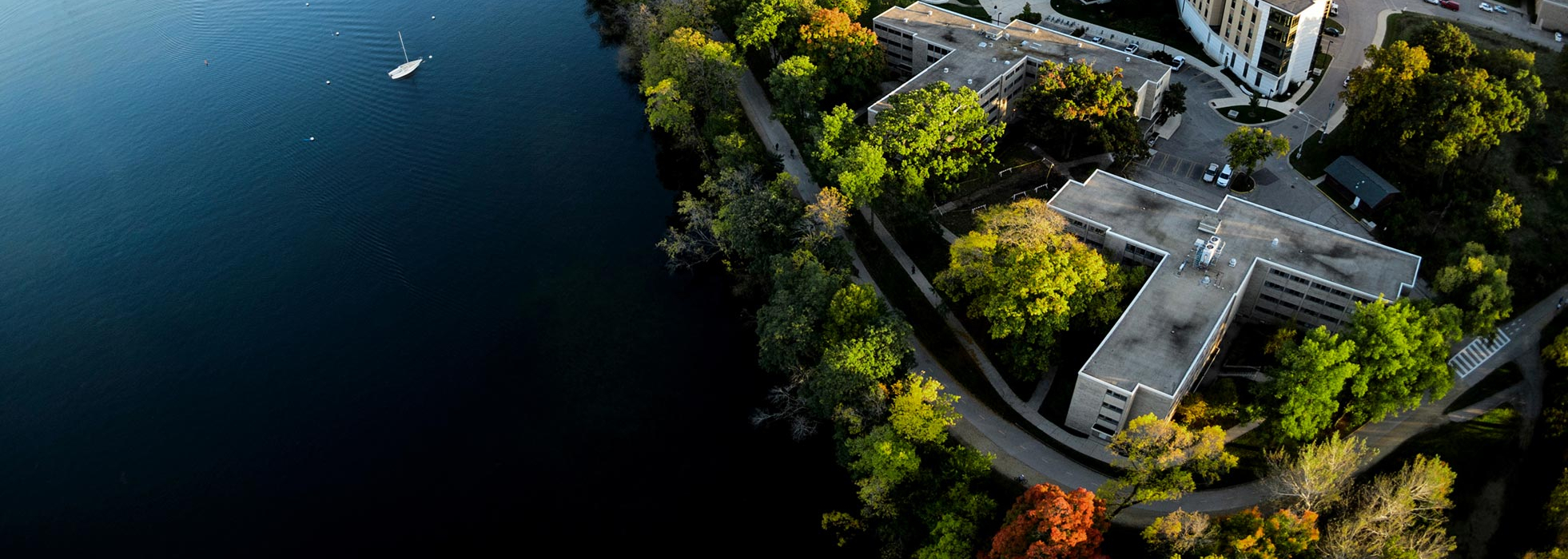 Aerial photo of Lake Mendota and the UW-Madison campus shoreline