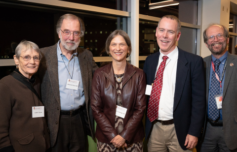 Judith Busse, Dr. William Busse, Dr. Elizabeth (Betsy) Trowbridge, Dr. Loren Denlinger, and SMPH Dean Dr. Robert N. Golden just before Dr. Denlinger’s investiture ceremony. 