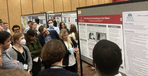 Conference attendees discuss posters.