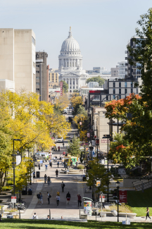 View from Bascom Hill down the campus mall and State Street, to the Capitol.