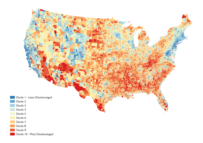 Map of socioeconomic neighborhood disadvantage in the United States