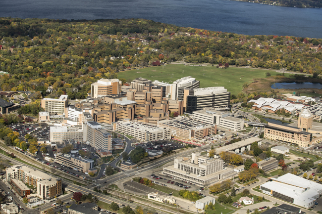 Aerial photo of UW-Madison west campus, including UW Hospitals and Clinics