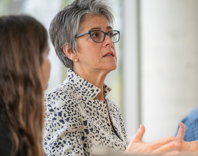 Dr. Christine Sinsky talks with Department of Medicine leaders and faculty during a follow-up session to her Grand Rounds presentation on November 2, 2019