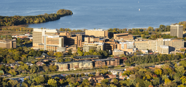 Aerial photo of UW-Madison west campus, including University Hospital