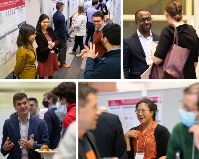 Clockwise from top-left: poster session presenters in discussion; event chair Ozioma Okonkwo, PhD; Joy Moy, MD, MPH, research specialist, who also presented on health services research; Peter Kleinschmidt, MD.