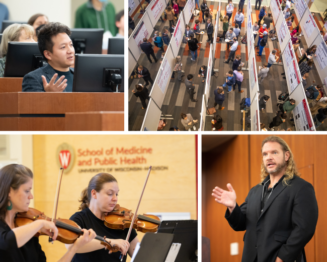 Clockwise from top-left: in discussion with a speaker; a bird’s-eye view of the poster session; Grand Rounds speaker Sid O’Bryant, PhD; the Pecatonica String Quartet in action.