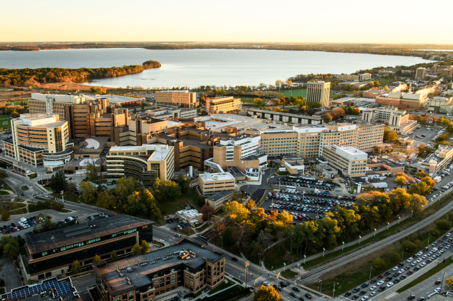 Aerial view of UW–Health University Hospital and surrounding environs.