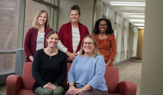The clinic’s initiating core faculty (back row, from left): Ann Chodara, MD, assistant professor, Rheumatology; Amy Malik, MD, associate clinical professor, Allergy, Pulmonary and Critical Care Medicine; and Dr. Sharkey. They are assisted by (front row, from left) Kelsy Richardson, PharmD, clinical pharmacist, and Laura Zunker, RN, nurse navigator. Credit: Clint Thayer/Department of Medicine.