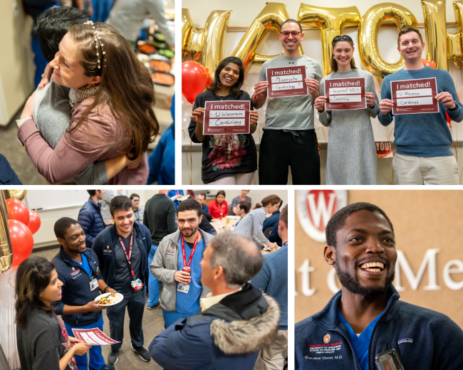 Top row, L-R: Dr. To hugging Natalie Weidner, MHA, graduate medical education program assistant; Drs. Chauhan, Konz, Cole and Rockman, all of who matched to cardiology fellowships. Bottom row, L-R: a group of residents with associate program director Jeremy Smith, MD, associate professor, General Internal Medicine; Dr. Glover, who matched to the Gastroenterology fellowship at UW–Madison. Credit: Clint Thayer/Department of Medicine.