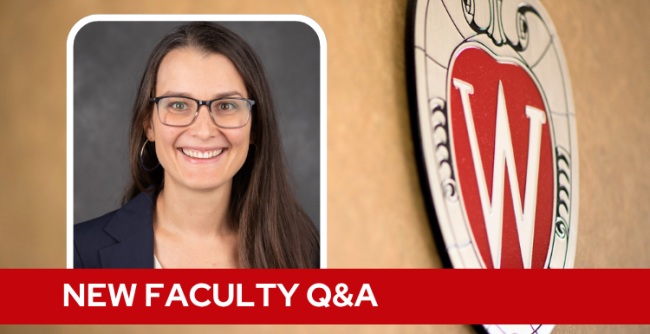 A professional headshot of Dr. Bernau over a tan background with a Wisconsin crest, and white text on a red bar saying "New Faculty Q&A".