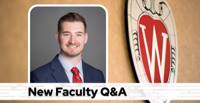 A professional headshot of Dr. Bull over a tan background with a Wisconsin crest, and black text on a white bar saying "New Faculty Q&A"