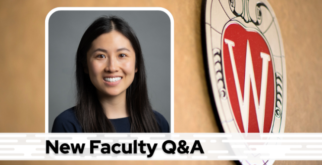 A professional headshot of Dr. Liou over a tan background with a Wisconsin crest, and black text on a white bar saying "New Faculty Q&A"