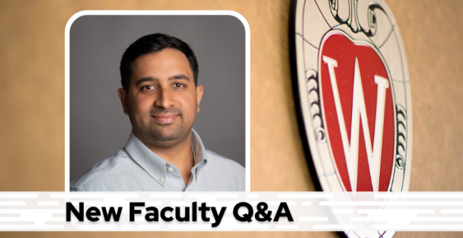 A professional headshot of Dr. Humza Quadir over a tan background with a Wisconsin crest, and black text on a white bar saying "New Faculty Q&A"