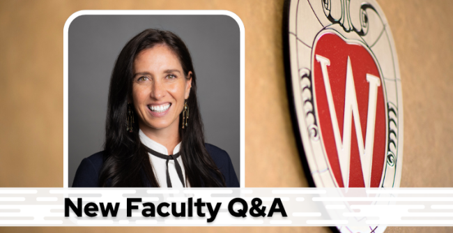 A professional headshot of Dr. Waclawik over a tan background with a Wisconsin crest, and black text on a white bar saying "New Faculty Q&A"