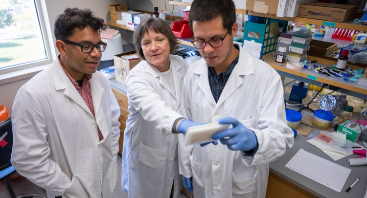 Dr. Mary Hayney pointing to lab item that researcher holds while Dr. Caldera observes