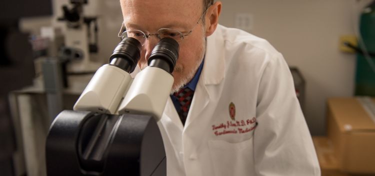 photo of Dr. Tim Kamp at the microscope