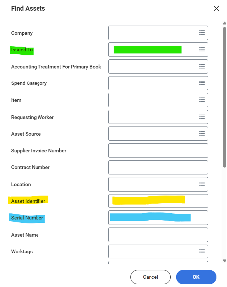 Screenshot of Workday Find Assets report with Issued To, Asset Identifier and Serial Number fields highlighted