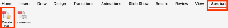 A screenshot of the toolbar in Microsoft PowerPoint with red boxes outlining the Adobe tab and the Create PDF icon