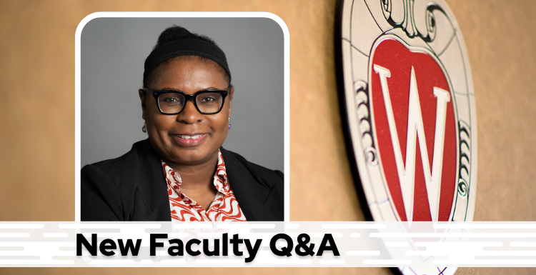A professional headshot of Dr. Atibalentja over a tan background with a Wisconsin crest, and black text on a white bar saying "New Faculty Q&A"