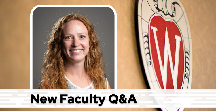 A professional headshot of Dr. Bier over a tan background with a Wisconsin crest, and black text on a white bar saying "New Faculty Q&A"
