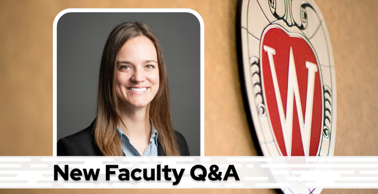 A professional headshot of Dr. Biermann over a tan background with a Wisconsin crest, and black text on a white bar saying "New Faculty Q&A"