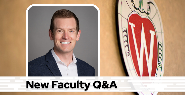 A professional headshot of Dr. Cardel over a tan background with a Wisconsin crest, and black text on a white bar saying "New Faculty Q&A"