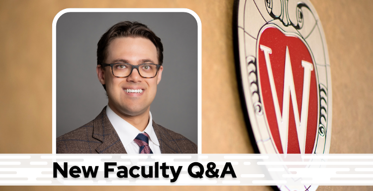 A professional headshot of Dr. Deemer over a tan background with a Wisconsin crest, and black text on a white bar saying "New Faculty Q&A"