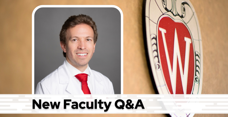 A professional headshot of Dr. Denu over a tan background with a Wisconsin crest, and black text on a white bar saying "New Faculty Q&A"