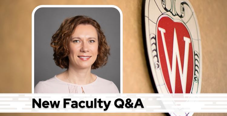 A professional headshot of Dr. Khaba over a tan background with a Wisconsin crest, and black text on a white bar saying "New Faculty Q&A"