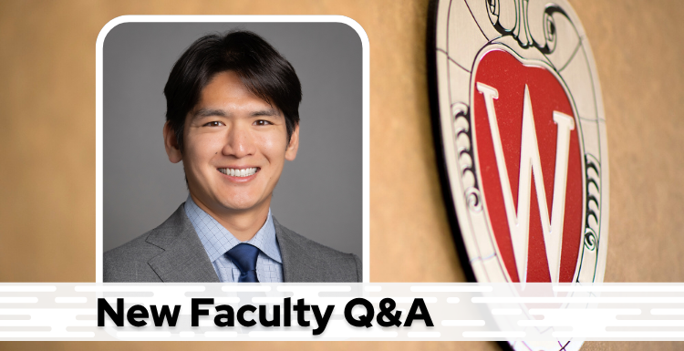 A professional headshot of Dr. Lee over a tan background with a Wisconsin crest, and black text on a white bar saying "New Faculty Q&A"