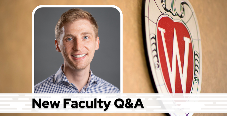 A professional headshot of Dr. Mehlhaff over a tan background with a Wisconsin crest, and black text on a white bar saying "New Faculty Q&A"