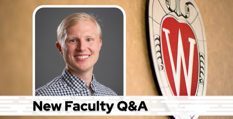 A professional headshot of Dr. Miller over a tan background with a Wisconsin crest, and black text on a white bar saying "New Faculty Q&A"