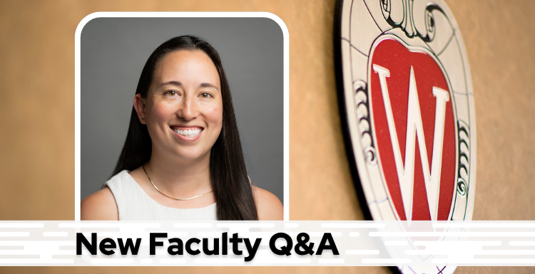 A professional headshot of Dr. Miotke over a tan background with a Wisconsin crest, and black text on a white bar saying "New Faculty Q&A"
