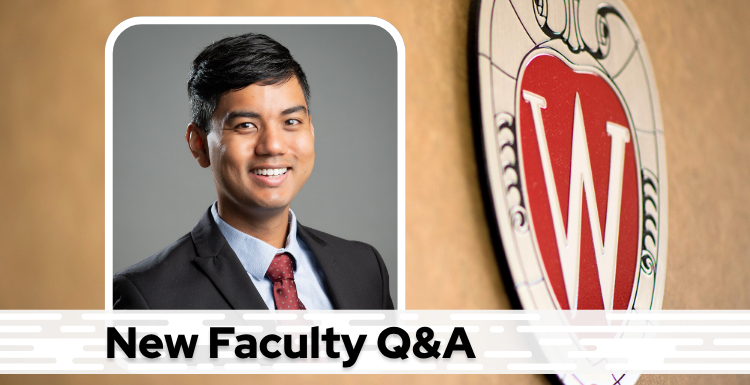 A professional headshot of Dr. Pathak over a tan background with a Wisconsin crest, and black text on a white bar saying "New Faculty Q&A"
