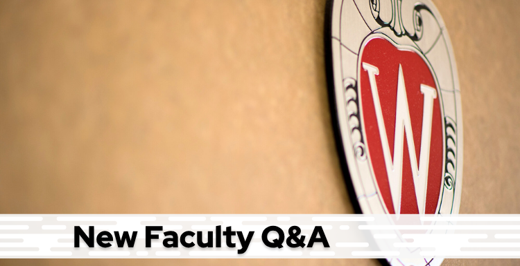 A tan background with a Wisconsin crest, and black text on a white bar saying "New Faculty Q&A".