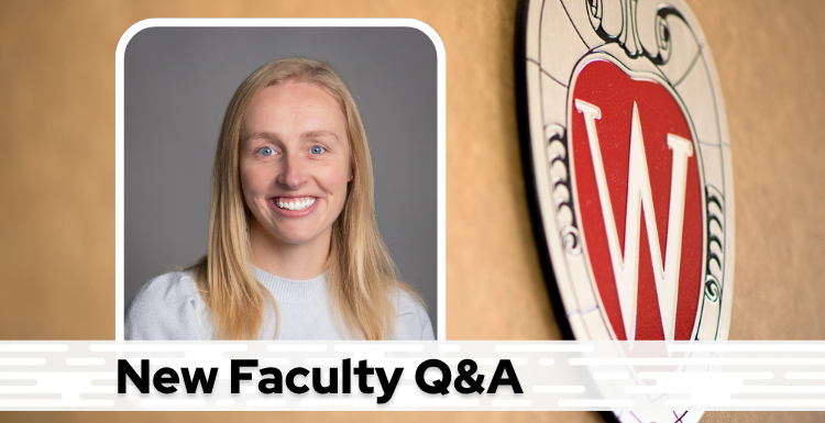 A professional headshot of Dr. Vatland over a tan background with a Wisconsin crest, and black text on a white bar saying "New Faculty Q&A"