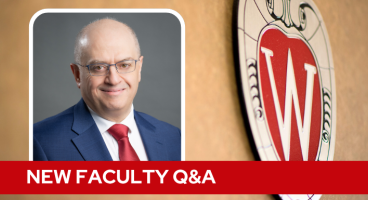 A professional headshot of Dr. Barakeh over a tan background with a Wisconsin crest, and white text on a red bar saying "New Faculty Q&A".