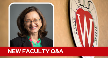 A professional headshot of Dr. Ellis over a tan background with a Wisconsin crest, and white text on a red bar saying "New Faculty Q&A".