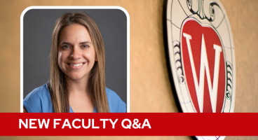 A professional headshot of Dr. Sweet over a tan background with a Wisconsin crest, and white text on a red bar saying "New Faculty Q&A".