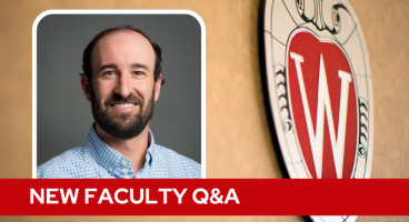 A professional headshot of Dr. Temte over a tan background with a Wisconsin crest, and white text on a red bar saying "New Faculty Q&A".