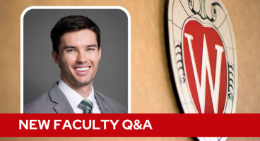 A professional headshot of Dr. Townshend over a tan background with a Wisconsin crest, and white text on a red bar saying "New Faculty Q&A".
