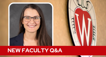 A professional headshot of Dr. Bernau over a tan background with a Wisconsin crest, and white text on a red bar saying "New Faculty Q&A".