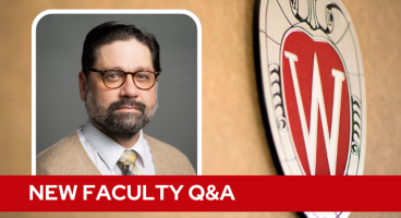 A professional headshot of Dr. Bracamonte over a tan background with a Wisconsin crest, and white text on a red bar saying "New Faculty Q&A".