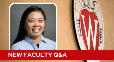 A professional headshot of Dr. Fena over a tan background with a Wisconsin crest, and white text on a red bar saying "New Faculty Q&A".