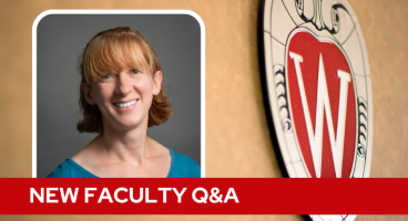 A professional headshot of Dr. Plews-Ogan over a tan background with a Wisconsin crest, and white text on a red bar saying "New Faculty Q&A".