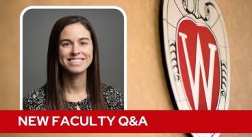 A professional headshot of Dr. Wells over a tan background with a Wisconsin crest, and white text on a red bar saying "New Faculty Q&A".