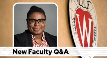 A professional headshot of Dr. Atibalentja over a tan background with a Wisconsin crest, and black text on a white bar saying "New Faculty Q&A"