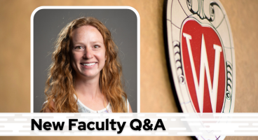 A professional headshot of Dr. Bier over a tan background with a Wisconsin crest, and black text on a white bar saying "New Faculty Q&A"