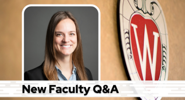 A professional headshot of Dr. Biermann over a tan background with a Wisconsin crest, and black text on a white bar saying "New Faculty Q&A"