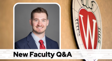 A professional headshot of Dr. Bull over a tan background with a Wisconsin crest, and black text on a white bar saying "New Faculty Q&A"
